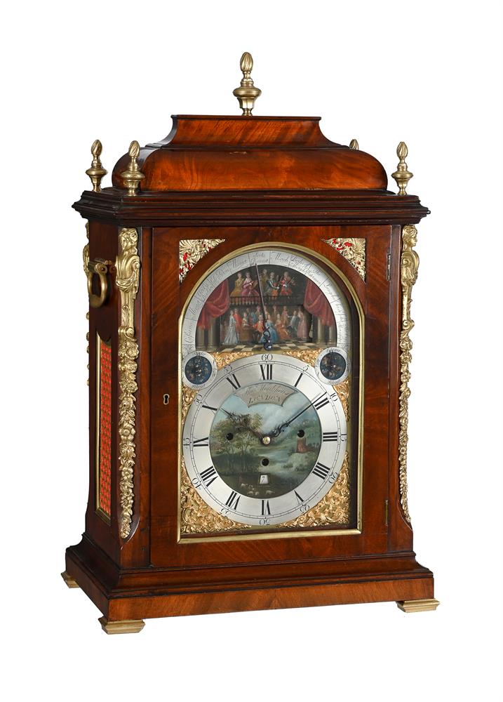 A FINE RARE GEORGE III TWELVE-TUNE MUSICAL BRASS MOUNTED MAHOGANY TABLE CLOCK WITH DOUBLE AUTOMATON