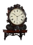 AN UNUSUAL VICTORIAN CARVED MAHOGANY FUSEE DIAL WALL TIMEPIECE WITH EIGHT-INCH DIAL