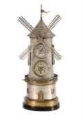A FRENCH SILVERED AND GILT BRASS NOVELTY AUTOMATON WINDMILL TIMEPIECE