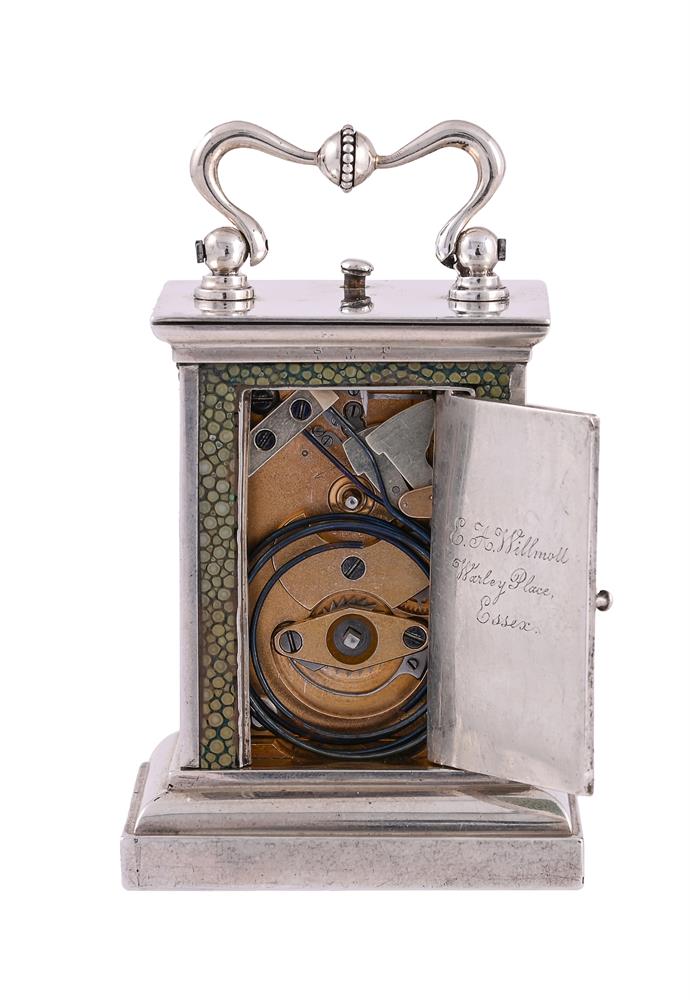 A RARE SWISS MINIATURE SHAGREEN MOUNTED SILVER PETIT SONNERIE STRIKING AND REPEATING CARRIAGE CLOCK - Image 2 of 3