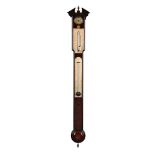 A FINE GEORGE III MAHOGANY BAYONET-TUBE MERCURY STICK BAROMETER WITH HYGROMETER AND THERMOMETER