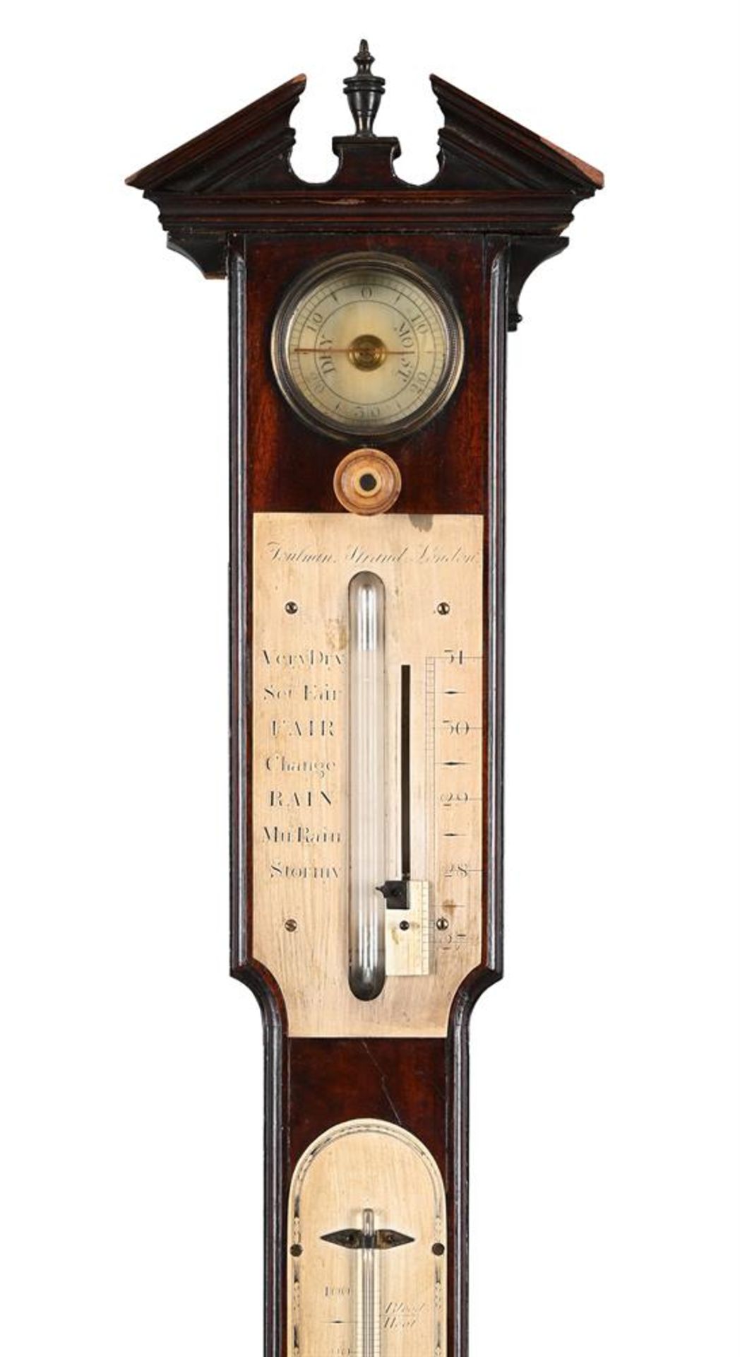 A FINE GEORGE III MAHOGANY BAYONET-TUBE MERCURY STICK BAROMETER WITH HYGROMETER AND THERMOMETER - Image 2 of 2