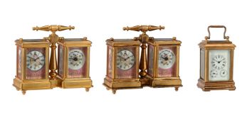 A PAIR OF GILT BRASS REPLICA MINIATURE COMBINATION BAROMETER AND CARRIAGE TIMEPIECE COMPENDIUMS