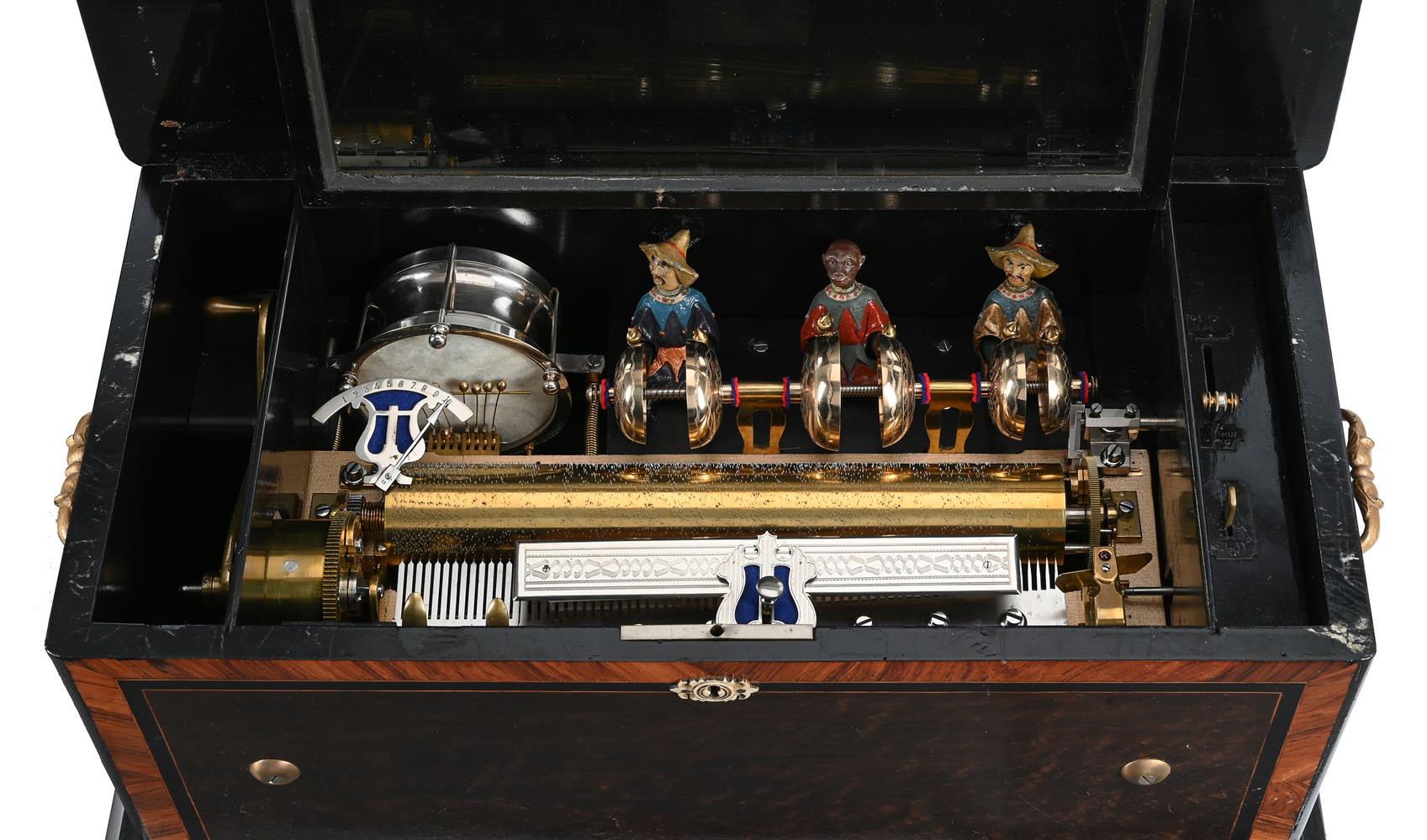 Y A SWISS TULIP WOOD BANDED 'DRUM AND BELLS IN SIGHT’ AUTOMATON MUSIC BOX WITH ZITHER ATTACHMENT - Image 2 of 4