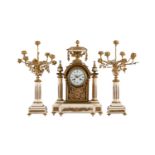 A FRENCH LOUIS XVI STYLE ORMOLU AND WHITE MARBLE MANTEL CLOCK GARNITURE