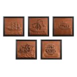 A SET OF FIVE CARVED TEAK PANELS DEPICTING SHIPS