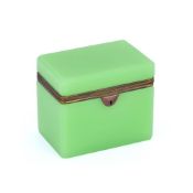 A FRENCH OPALINE GREEN GLASS AND GILT METAL MOUNTED BOX AND HINGED COVER