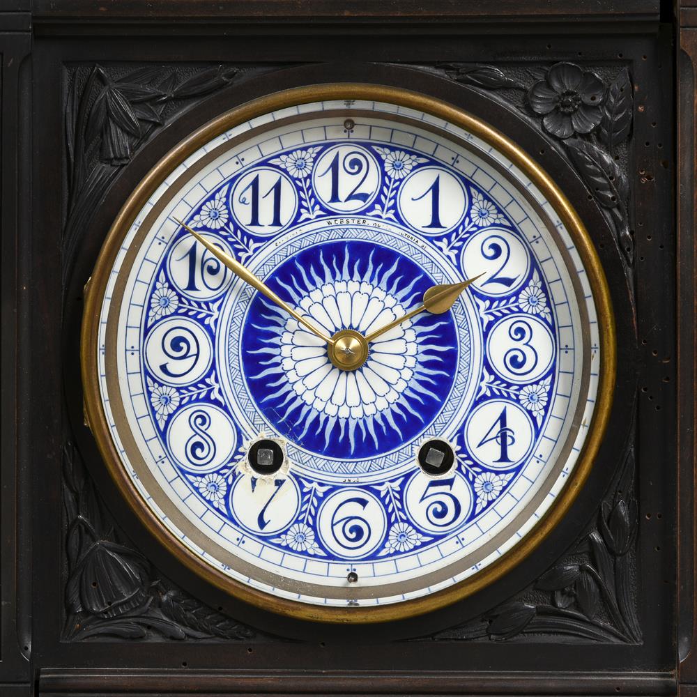 AN AESTHETIC MOVEMENT EBONISED AND PORCELAIN INSET MANTEL CLOCK - Image 2 of 2