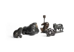 A GROUP OF VARIOUS BRONZE AND CARVED STONE MODELS OF ANIMALS