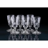 A SET OF SIX ENGRAVED SHORT ALE GLASSESMID 18TH CENTURYThe funnel bowls decorated with hops and ba