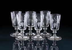 A SET OF SIX ENGRAVED SHORT ALE GLASSESMID 18TH CENTURYThe funnel bowls decorated with hops and ba