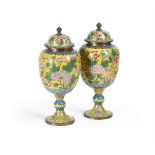 A PAIR OF CLOISONNE URNS AND COVERS