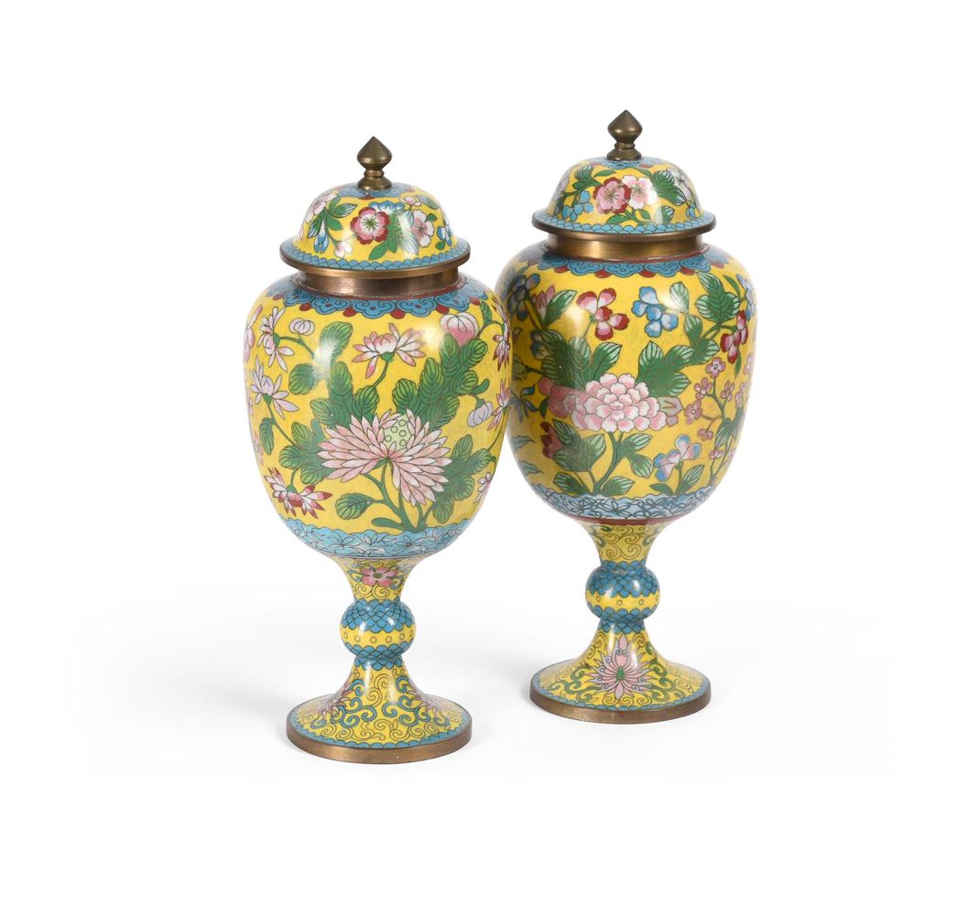 A PAIR OF CLOISONNE URNS AND COVERS
