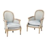 A PAIR OF FRENCH PAINTED AND UPHOLSTERED ARMCHAIRS