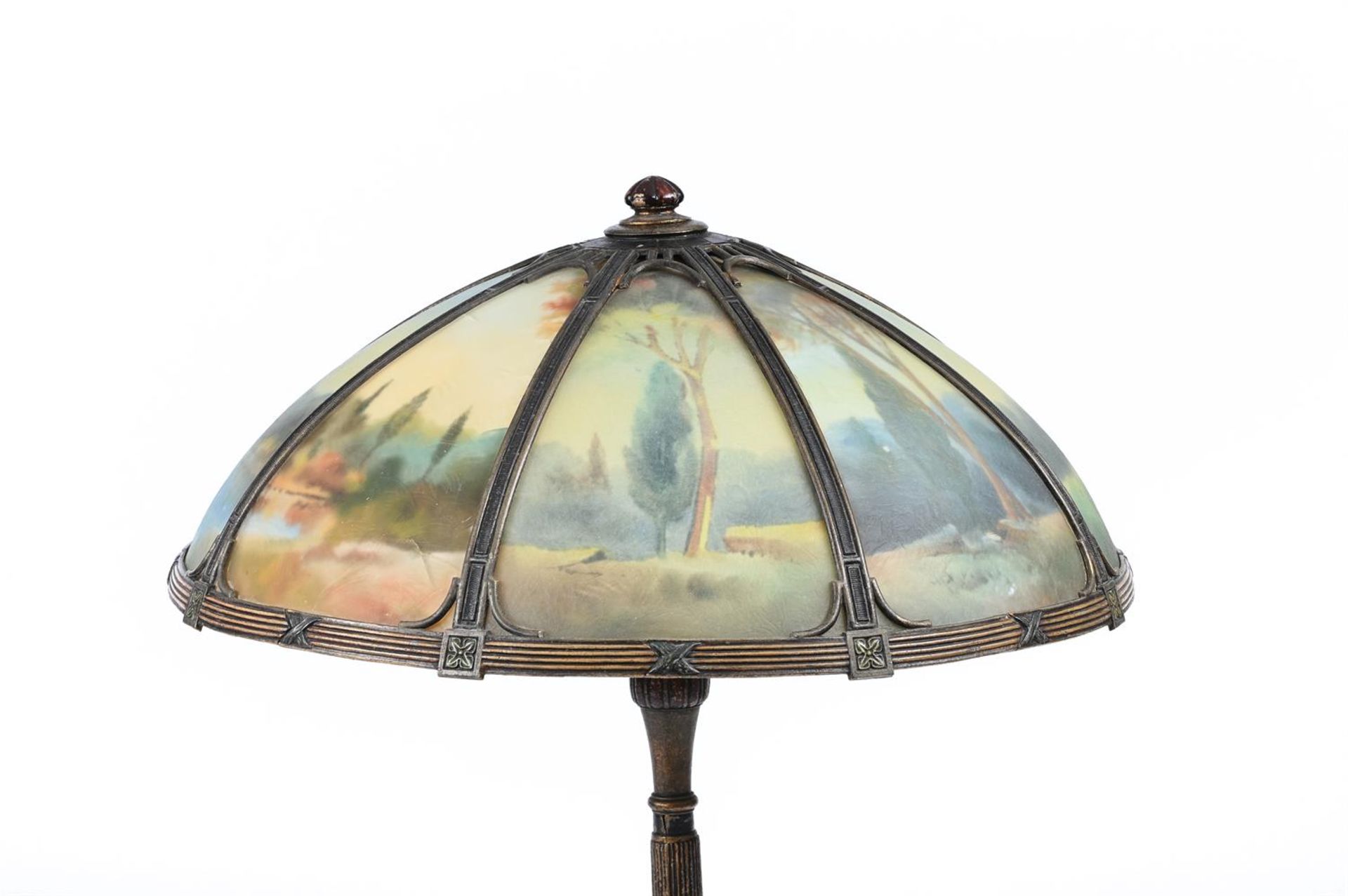 AN ART NOUVEAU AMERICAN TABLE LAMP BASE AND REVERSE PAINTED GLASS SHADE - Image 2 of 3