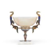 AN ONYX, GILT METAL, AND CHAMPLEVE ENAMEL TAZZA
