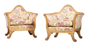 A PAIR OF GILTWOOD AND UPHOLSTERED ARMCHAIRS IN FRENCH 18TH CENTURY STYLE