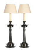A PAIR OF PATINATED METAL TABLE LAMPS