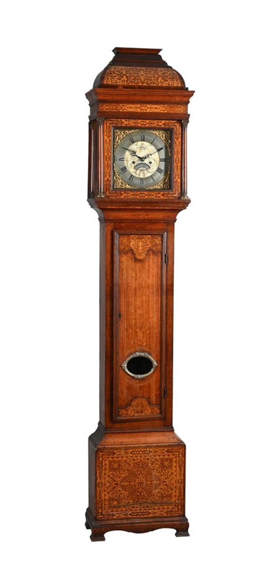 AN OAK AND MARQUETRY INLAID LONGCASE CLOCK