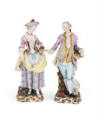 A PAIR OF MEISSEN (OUTSIDE DECORATED) FIGURES OF A GALLANT AND COMPANION