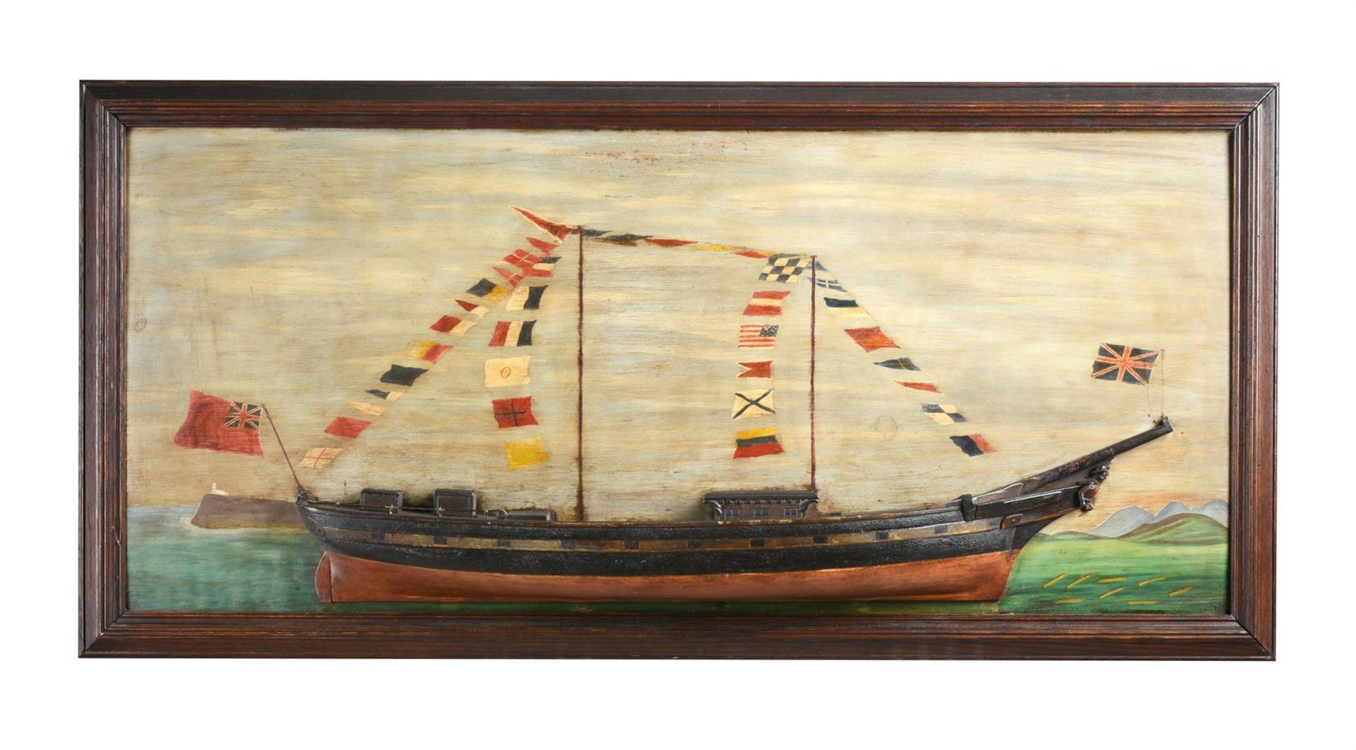 A FOLK ART POLYCHROME PAINTED HALF BLOCK SHIP'S MODEL