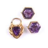 A VICTORIAN HEART SHAPED PADLOCK CLASP AND A PAIR OF AMETHYST BROOCHES