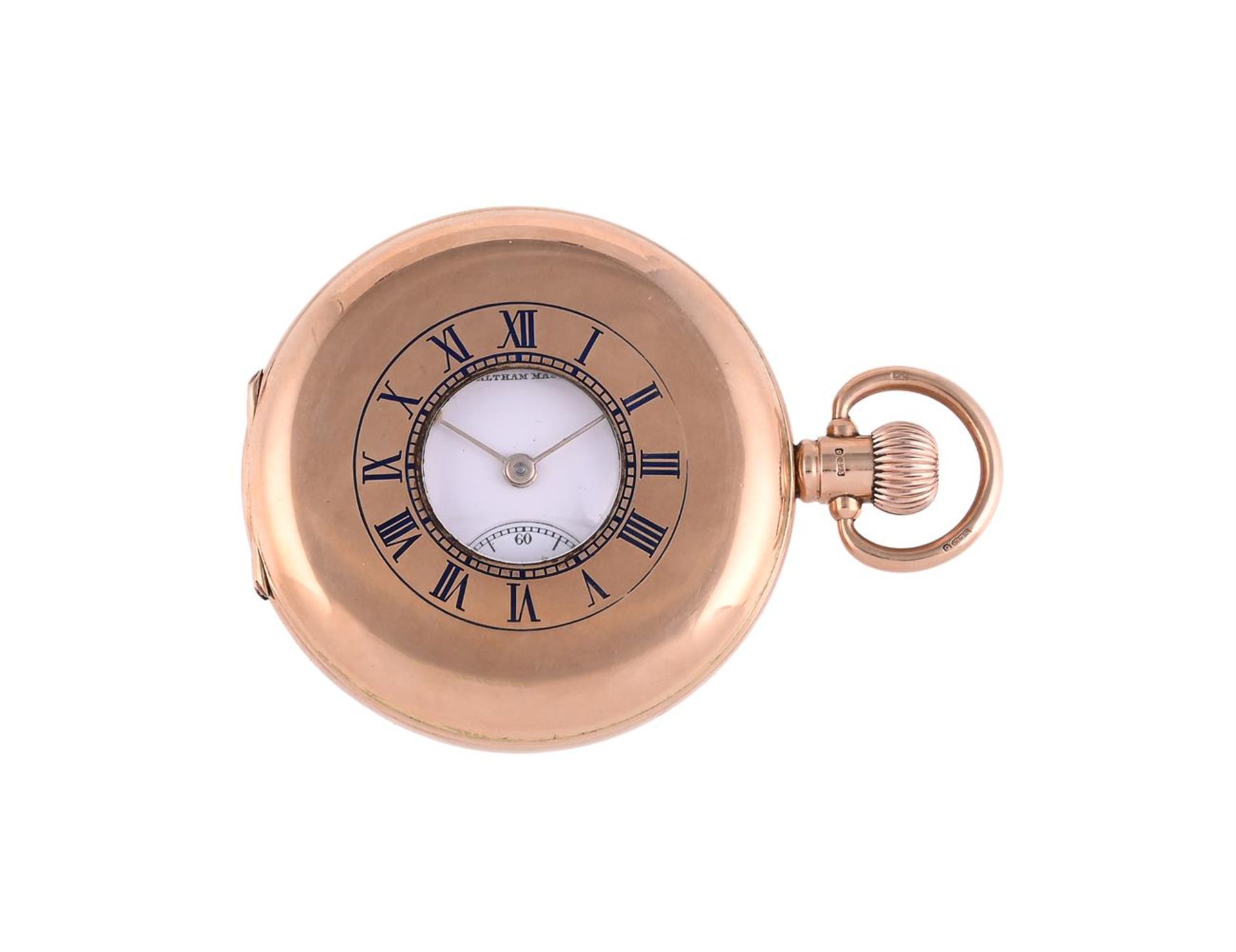 WALTHAM, A 9 CARAT GOLD KEYLESS WIND HALF HUNTER POCKET WATCH