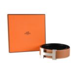 HERMÈS, A REVERSIBLE BROAD BLACK AND TAN LEATHER BELT WITH H BELT BUCKLE