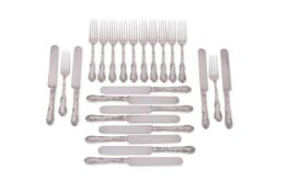 A SET OF TWELVE AMERICAN SILVER COLOURED TABLE FORKS AND KNIVES
