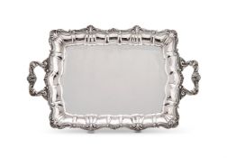 A SILVER COLOURED SHAPED RECTANGULAR TWIN HANDLED TRAY