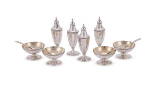 AN AMERICAN SET OF FOUR SILVER COLOURED SALTS AND PEPPERETTES