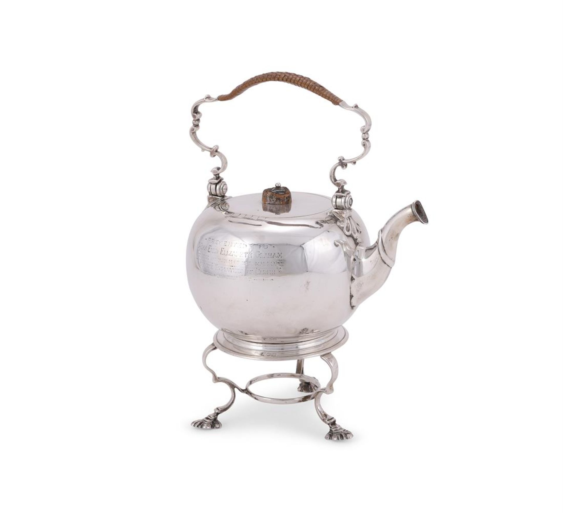 AN EDWARDIAN SILVER SPHERICAL KETTLE ON STAND