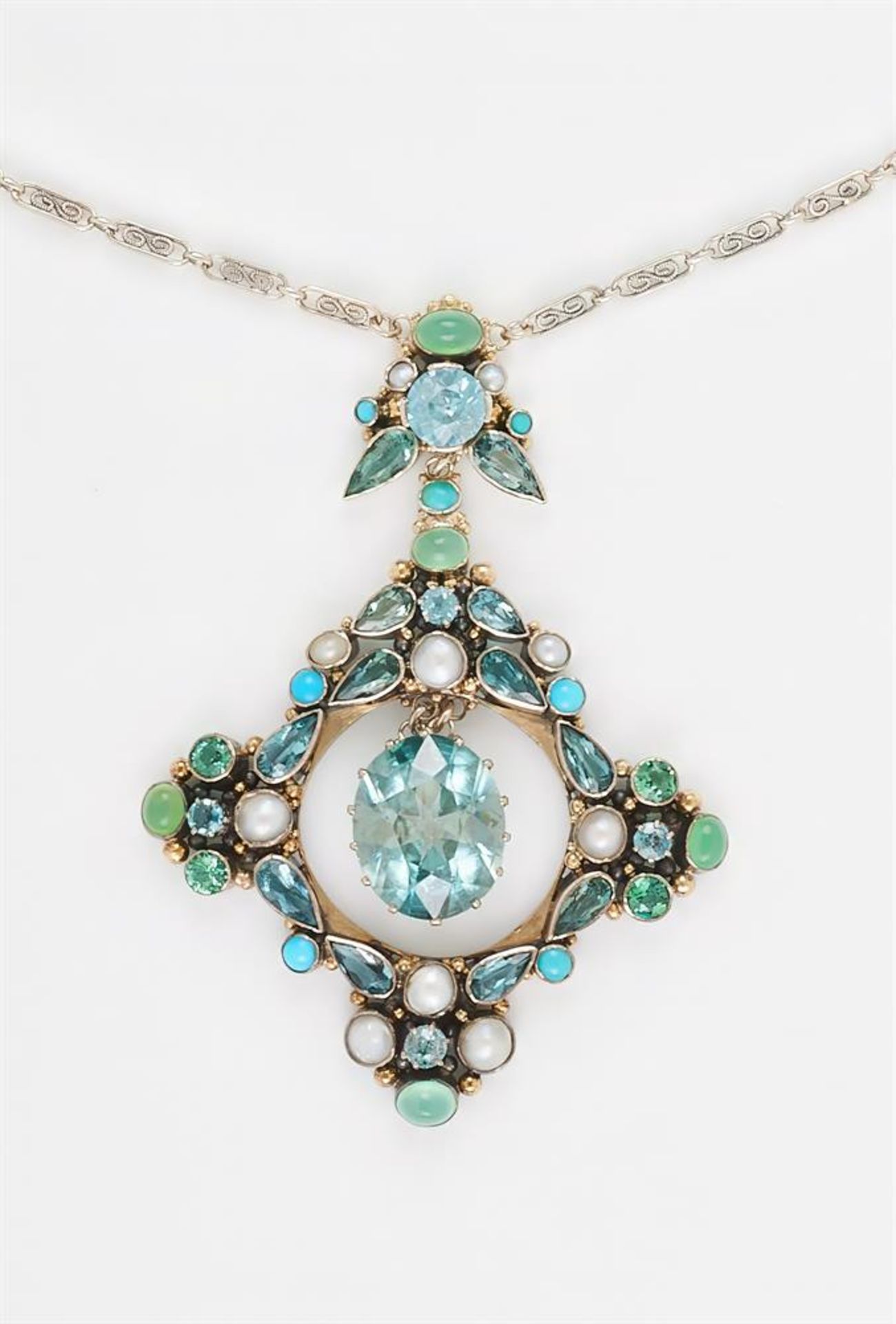 AN ARTS AND CRAFTS BLUE ZIRCON, CHRYSOPRASE, TURQUOISE AND HALF PEARL PENDANT IN THE MANNER OF DORRI - Image 2 of 2