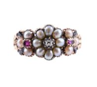 AN 1830S DIAMOND, SAPPHIRE, RUBY AND PEARL TRIPLE CLUSTER RING