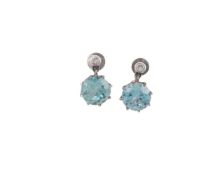 A PAIR OF BLUE ZIRCON AND DIAMOND EARRINGS