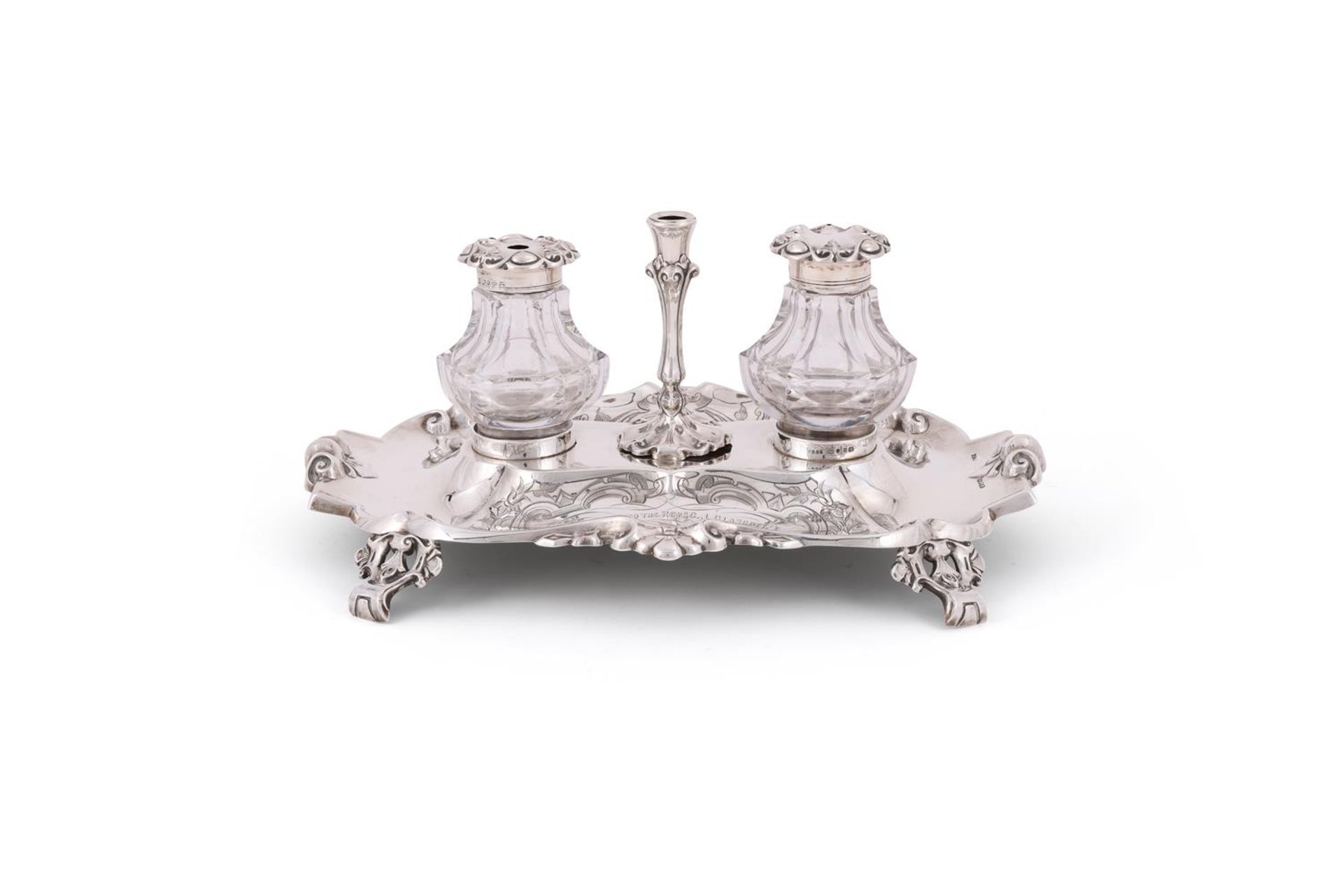 A VICTORIAN SILVER SHAPED OBLONG INKSTAND