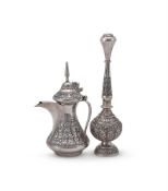 AN ARABIC SILVER COLOURED COFFEE POT AND ROSE WATER SPRINKLER