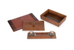 Y A BROWN CROCODILE AND 9 CARAT GOLD MOUNTED INKWELL, DESK CALENDAR AND LETTER TRAY