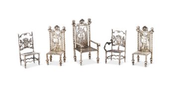 FIVE SILVER COLOURED MINIATURE CHAIRS