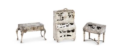 THREE SILVER MINIATURE PIECES OF FURNITURE