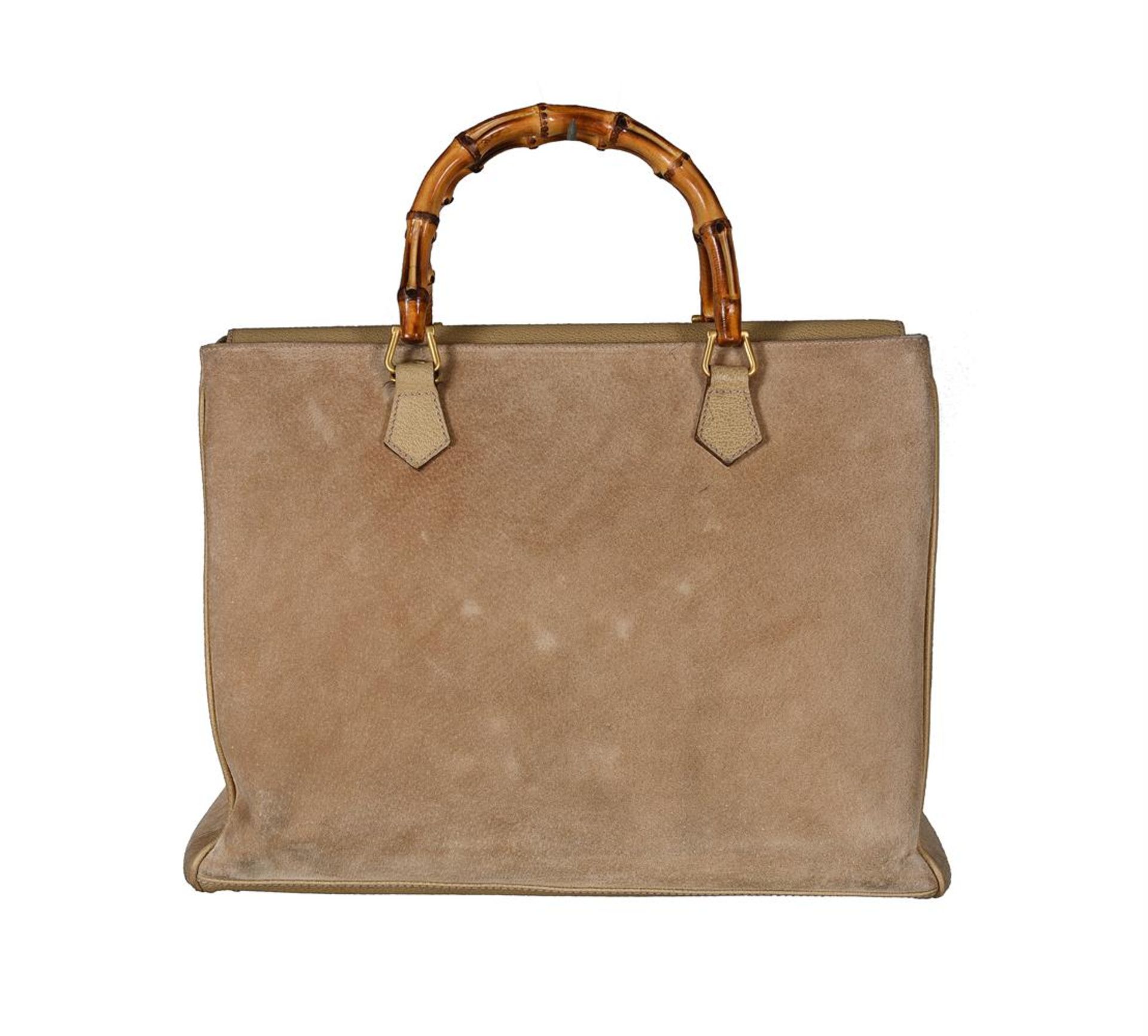 GUCCI, A VINTAGE BEIGE SUEDE, LEATHER AND BAMBOO HANDBAG - Image 2 of 4