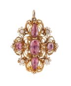 AN 1830S PINK TOPAZ, HALF PEARL AND GOLD CANNETILLE BROOCH/PENDANT