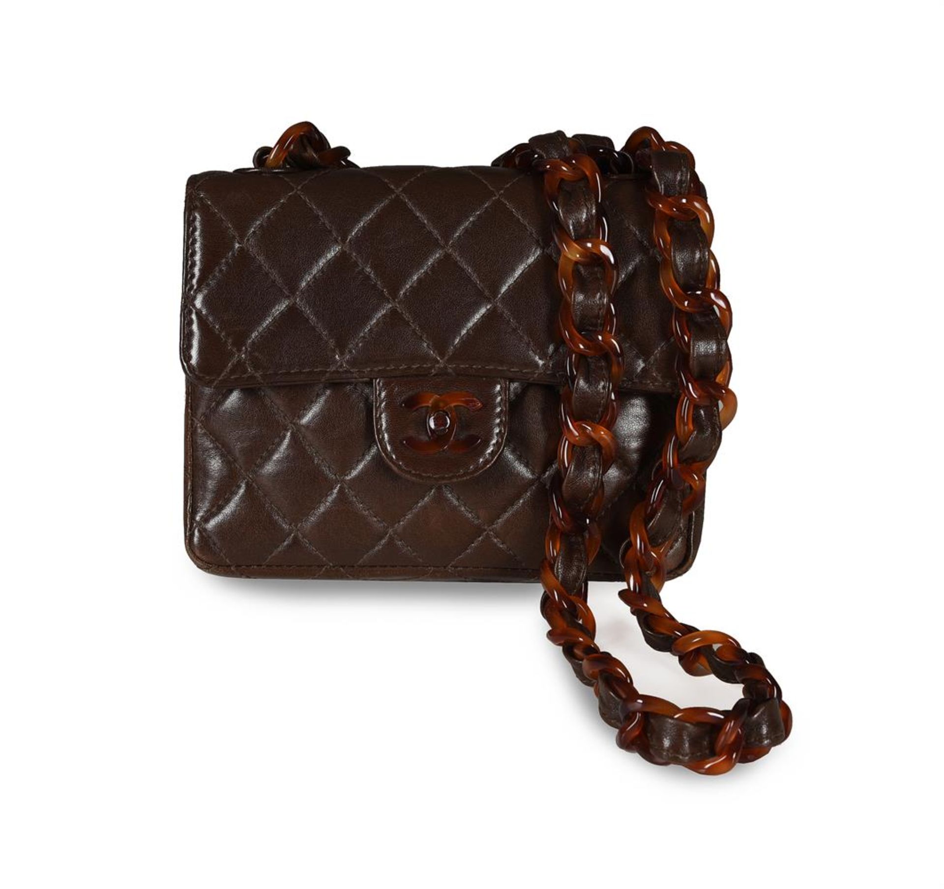 CHANEL, A CHOCOLATE QUILTED LAMBSKIN MINI SQUARE FLAP BAG - Image 3 of 4