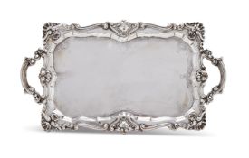 A PORTUGUESE SILVER COLOURED SHAPED RECTANGULAR TWIN HANDLED TRAY