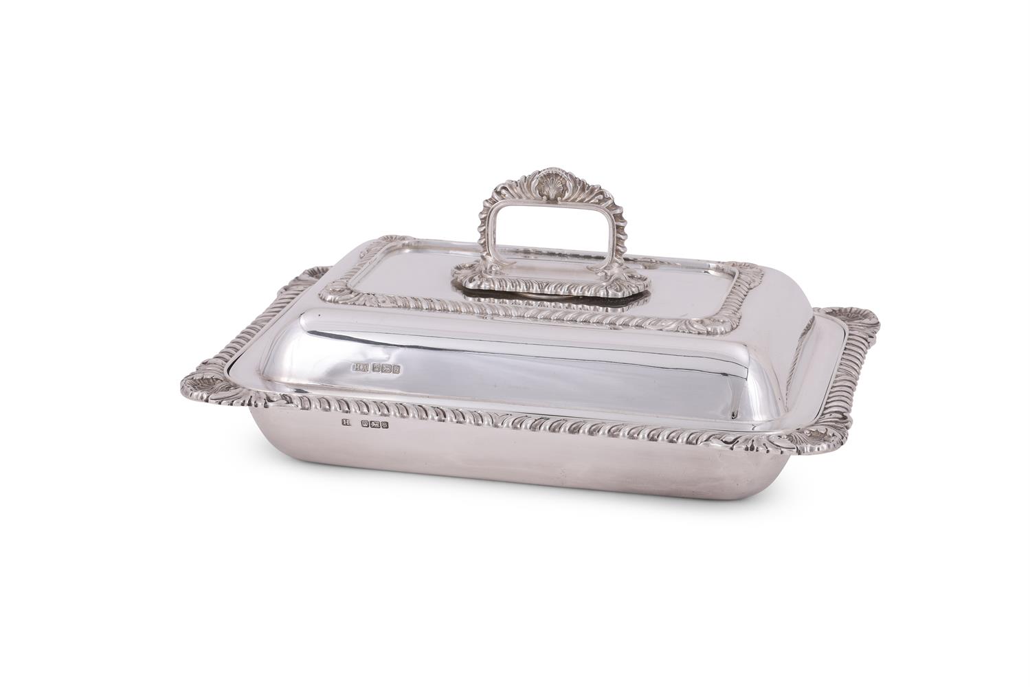 A SILVER RECTANGULAR ENTREE DISH, COVER AND HANDLE