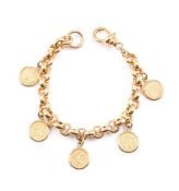 A GOLD COLOURED BRACELET WITH JEWELLERS COPY COINS