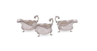 THREE SILVER SHAPED OVAL SAUCE BOATS