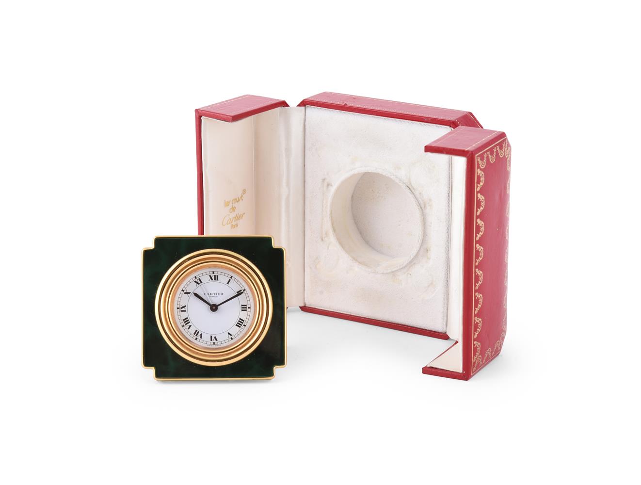 CARTIER, REF. 7512, A BRASS AND GREEN LACQUER DESK ALARM CLOCK