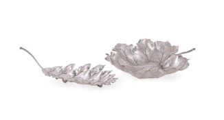 TWO ITALIAN SILVER COLOURED LEAF SHAPED DISHES
