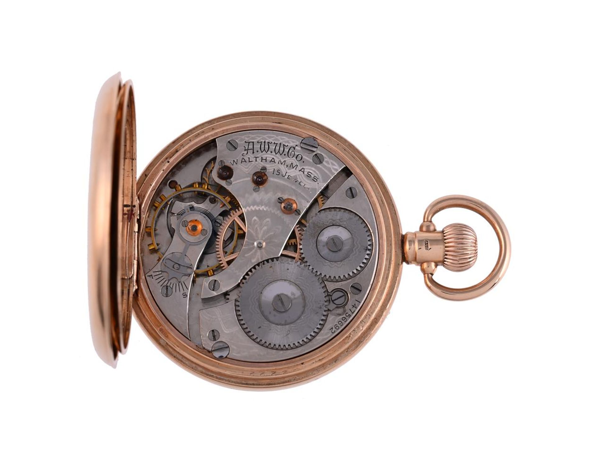 WALTHAM, A 9 CARAT GOLD KEYLESS WIND HALF HUNTER POCKET WATCH - Bild 3 aus 3